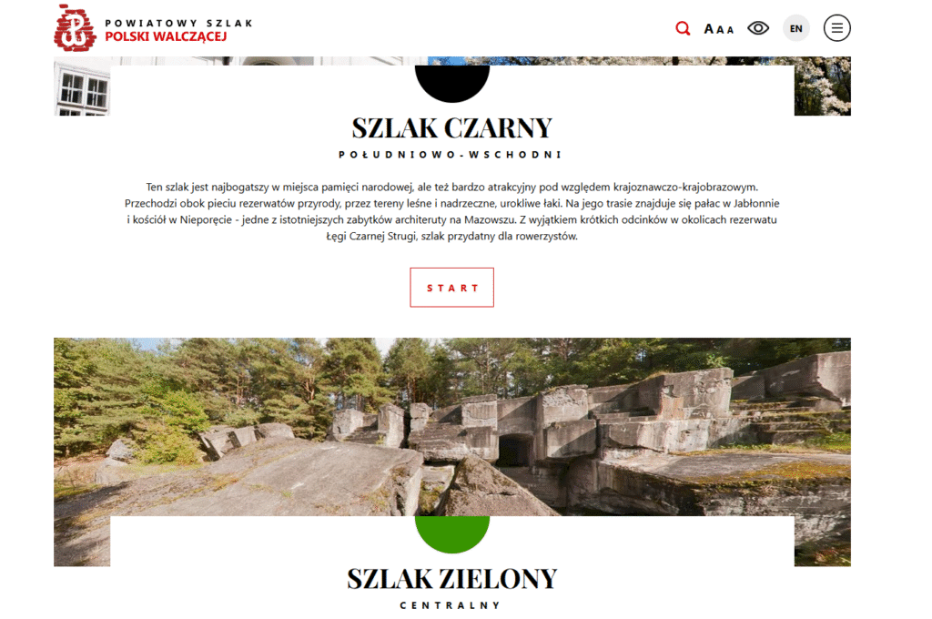 Zrzut ekranu strony internetowej Powiatowego Szlaku Polski Walczącej, przedstawiający opis dwóch tras: Szlaku Czarnego (południowo-wschodniego) oraz Szlaku Zielonego (centralnego). Na górze widoczne jest logo szlaku i przycisk „Start”. Poniżej znajduje się zdjęcie leśnej ścieżki z rezerwatem przyrody oraz betonowych ruin bunkrów, które można zobaczyć na trasie szlaku.